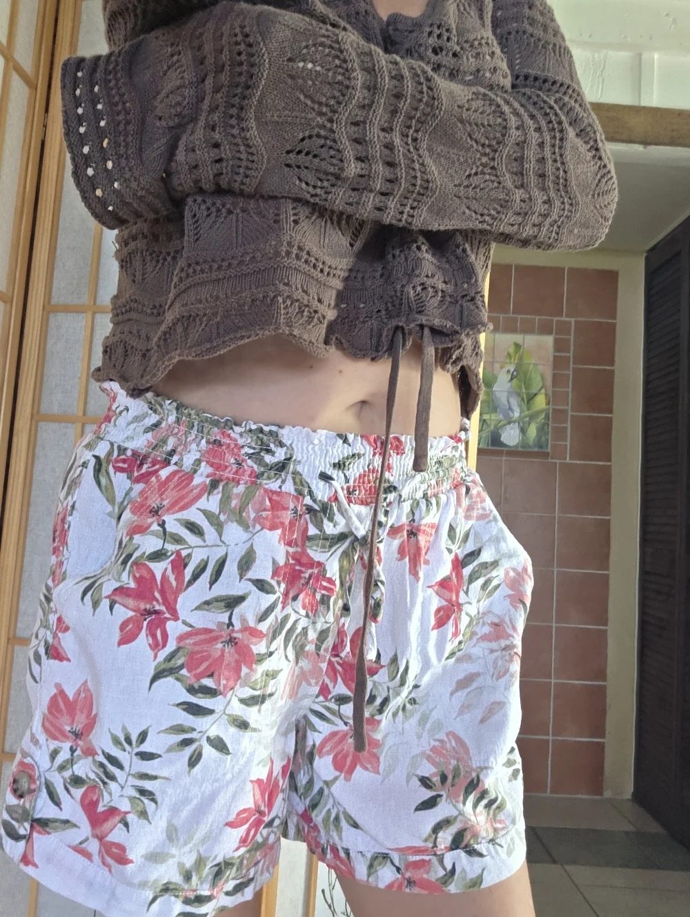 Briggs Cotton Floral Drawstring Waist Shorts - Coral & Olive on Cream - Picture 2 of 12